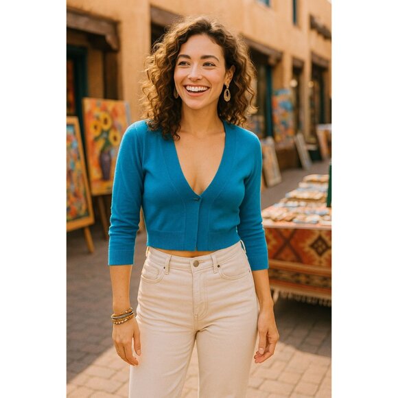 Ronni Nicole Medium Blue Cropped Cardigan Sweater V Neck Lightweight Knit Top - Picture 3 of 12